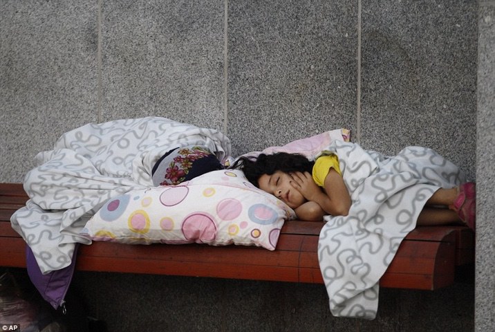 Homeless Child Refugee sleeping in train station