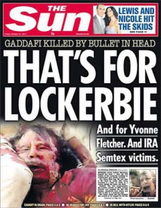 British newspaper headline on Death of Muammar Gaddafi