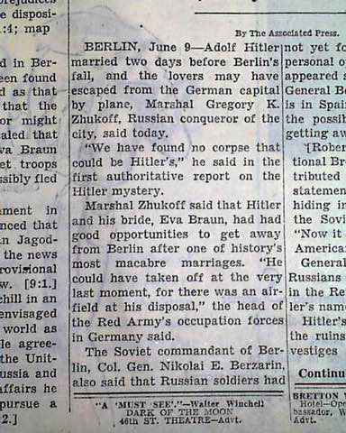 Newspaper article on Adolf Hitler's death