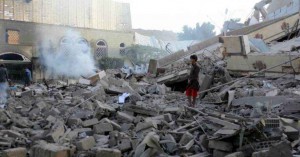 A child in the rubble after an airstrike in Yemen