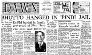 Newspaper headline: Death of Zulfikar Ali Bhutto, 1979