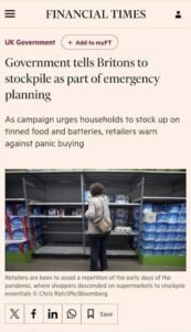 UK government warnings, stockpiling foods
